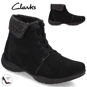 Clarks Women's Roseville Black Suede Lace up Ankle Boot Round Toe Casual Booties